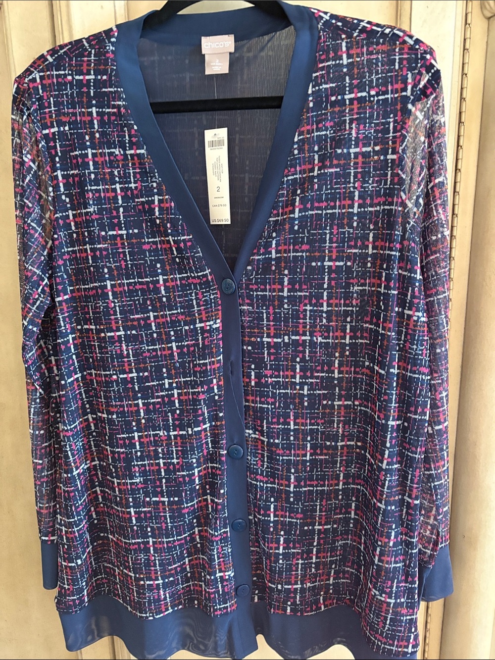Chico's Navy Multicolor Crosshatch Button Cardigan